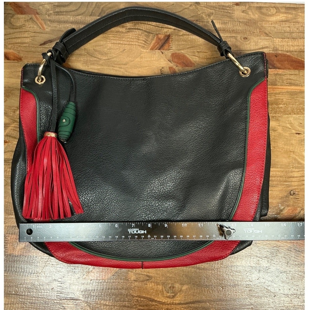 Hobo Bag Women Large Black Red Green Stripe Tassel Vegan Leather - Picture 4 of 9